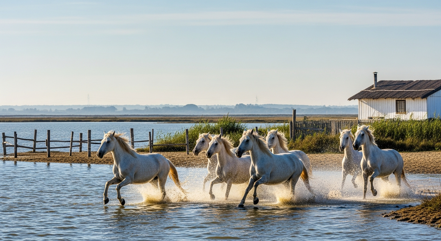 AI_IMAGE: A group of white Camargue horses galloping through shallow coastal water, kicking up spray that catches the warm morning light. The scene is dynamic and joyful. Behind the horses, flat marshland stretches to a hazy horizon under a pale blue sky. A weathered wooden fence and a traditional Camarguaise cabane (white-washed reed-roofed cottage) are visible on the shore. The palette is soft and luminous: white, silver-blue water, warm sand, muted green reeds. | photorealistic | landscape
