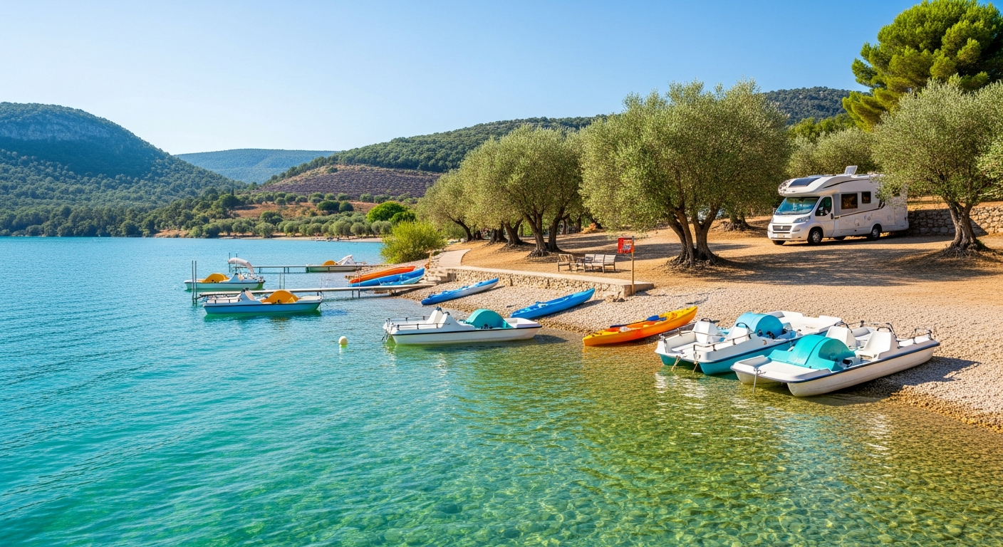 AI_IMAGE: A serene lakeside scene at Lac de Sainte-Croix, Provence. Crystal-clear turquoise water in the foreground, with pedal boats and kayaks scattered near a pebble beach. A campervan is parked under a cluster of olive trees on a gentle slope above the shore. Rolling lavender-covered hills rise softly in the background. Warm midday sunlight, soft shadows, a palette of turquoise, warm stone, silver-green olive foliage, and violet lavender. | photorealistic | landscape