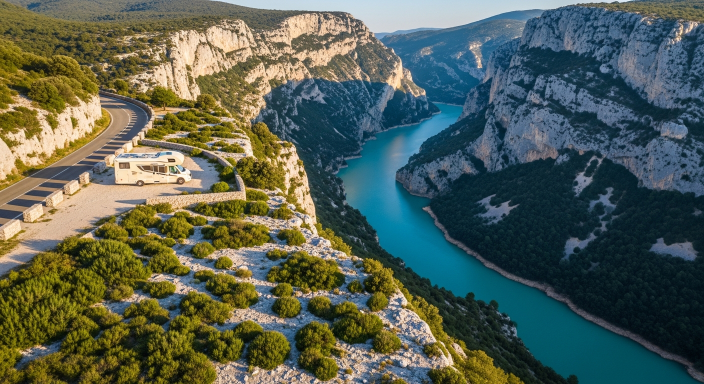 AI_IMAGE: An aerial-perspective view of the Gorges du Verdon in Provence, France, showing the dramatic limestone canyon with impossibly turquoise water winding far below sheer white cliffs. A narrow road with stone guardrails follows the canyon rim on the left, and a cream-colored campervan is parked at a scenic pull-off. Fragrant scrubland — rosemary and wild thyme — carpets the plateau in muted greens and silvers. Late morning light casts long shadows into the gorge. The sky is a clear, warm Mediterranean blue. | photorealistic | landscape