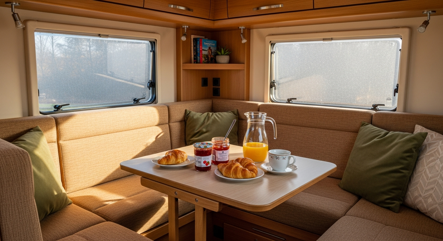 AI_IMAGE: A campervan dinette area with a U-shaped bench seat upholstered in warm sand-toned fabric, a folding wooden table set with a French breakfast — croissants, jam, fresh orange juice — and morning light streaming through side windows. The space feels bright, lived-in, and inviting. Warm birch cabinetry surrounds the area. | photorealistic | landscape