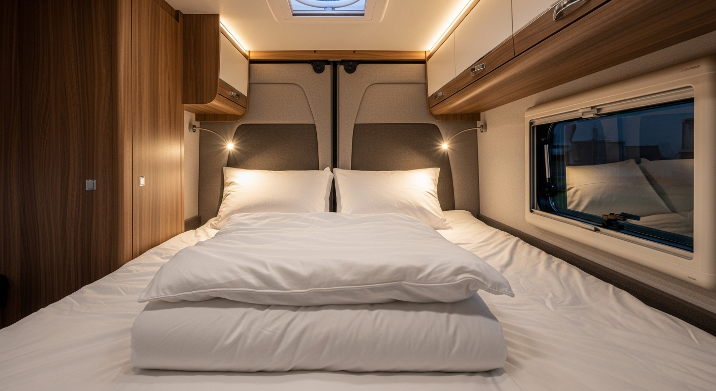 AI_IMAGE: Interior detail of a campervan fixed rear bed with crisp white linens, warm wood paneling on the walls, soft LED reading lights above each pillow, and a small window showing golden evening light outside. The bed is queen-sized and inviting, with a plush duvet neatly folded. Storage cabinets line the sides. The mood is cozy, hotel-quality comfort inside a vehicle. | photorealistic | landscape