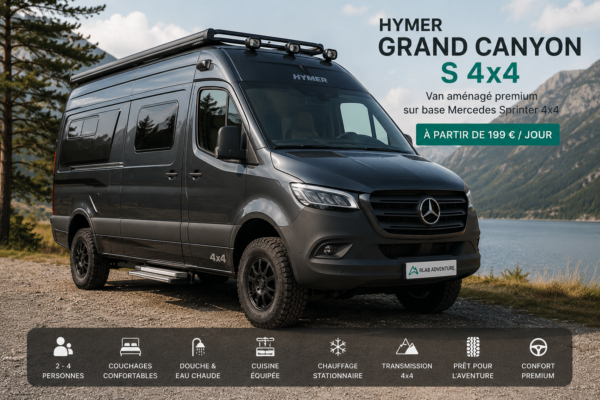 Location Hymer Grand Canyon S 4x4 Belgique - van aménagé Mercedes Sprinter gris foncé RLab Adventure