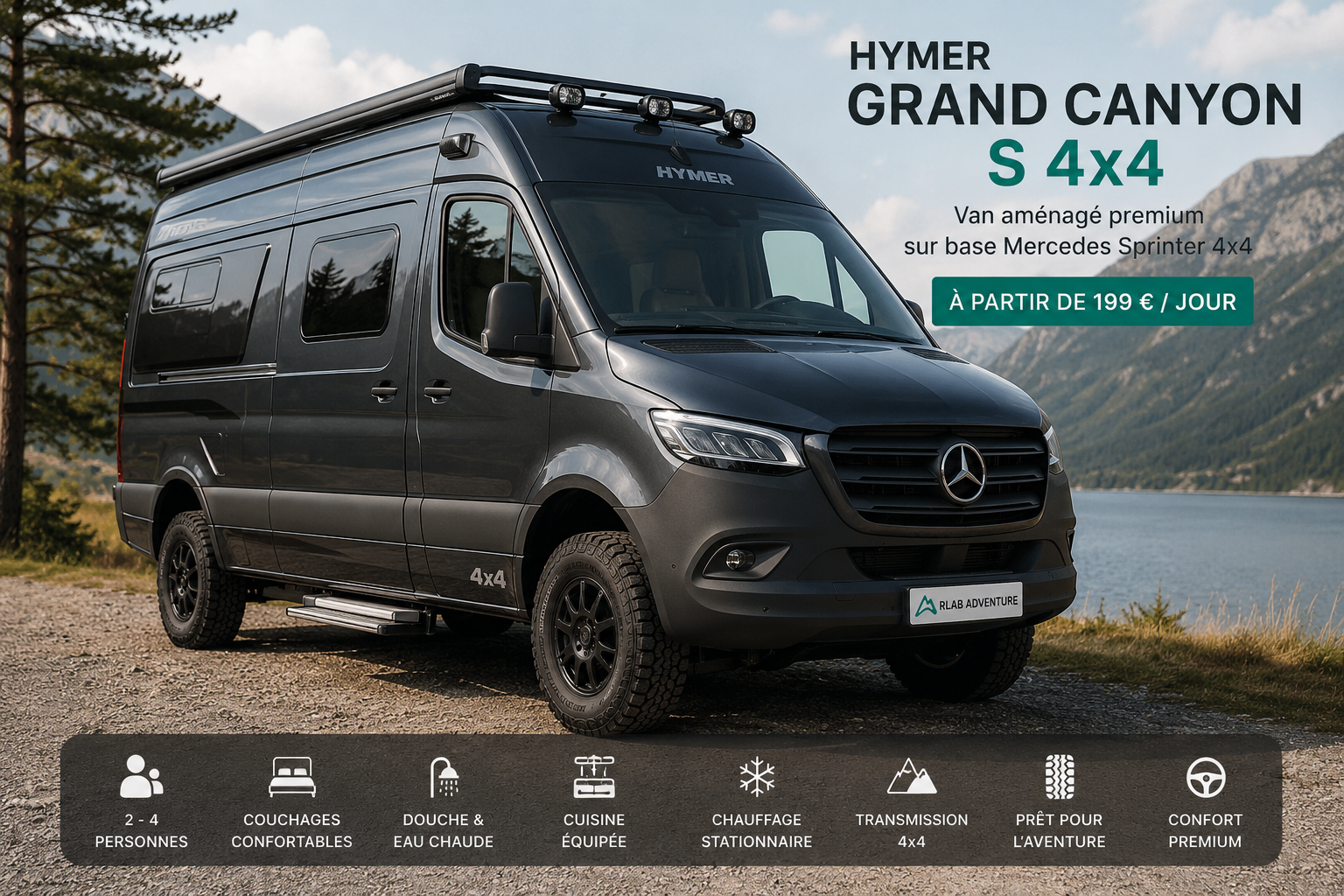 Location Hymer Grand Canyon S 4x4 Belgique - van aménagé Mercedes Sprinter gris foncé RLab Adventure