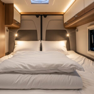 AI_IMAGE: Interior detail of a campervan fixed rear bed with crisp white linens, warm wood paneling on the walls, soft LED reading lights above each pillow, and a small window showing golden evening light outside. The bed is queen-sized and inviting, with a plush duvet neatly folded. Storage cabinets line the sides. The mood is cozy, hotel-quality comfort inside a vehicle. | photorealistic | landscape